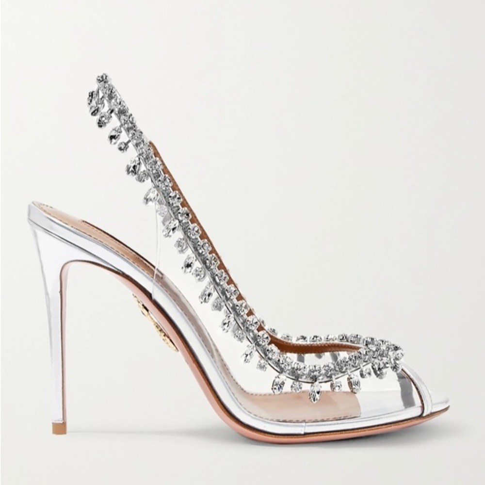 Gorgeous occasion crystal and silver heels. Like new. Worn one time on carpet.